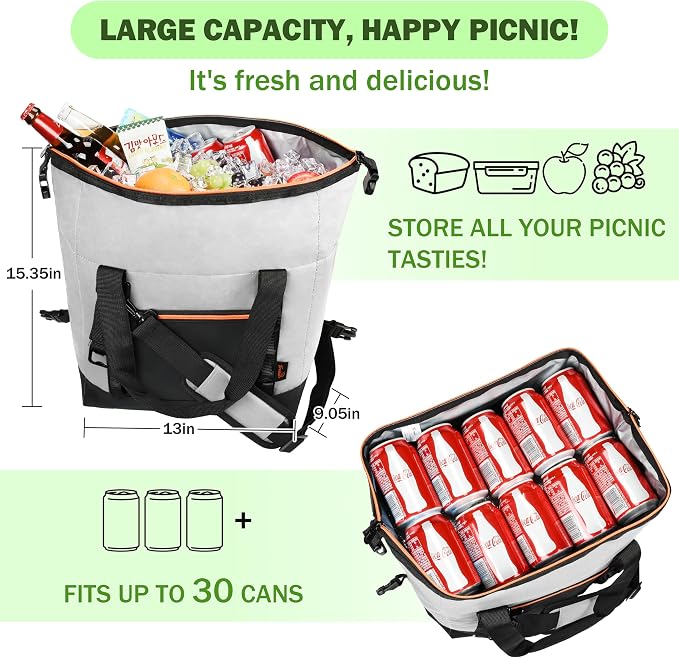 Tirrinia Insulated Soft Cooler Bag- 30 cans Leakproof Camping Ice Chest Box with Bottle Opener, Portable Cooler Box for Lunch, Picnic, Drink, Travel, Fishing