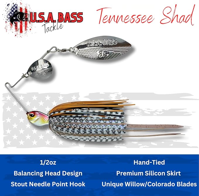 USA BASS Tackle Apache Attack Spinnerbait Type II Largemouth Smallmouth Spotted Bass Premium Fishing Bait Handtied Skirt Custom Blades Heavy Duty Hook New for 2025
