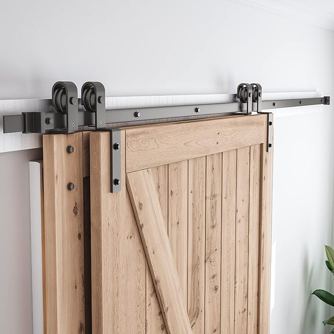 SMARTSTANDARD 9 Feet Bypass Sliding Barn Door Hardware Kit - for Double Wooden Doors-Single Track - Smoothly & Quietly - Easy to Install-Fit 96" Opening