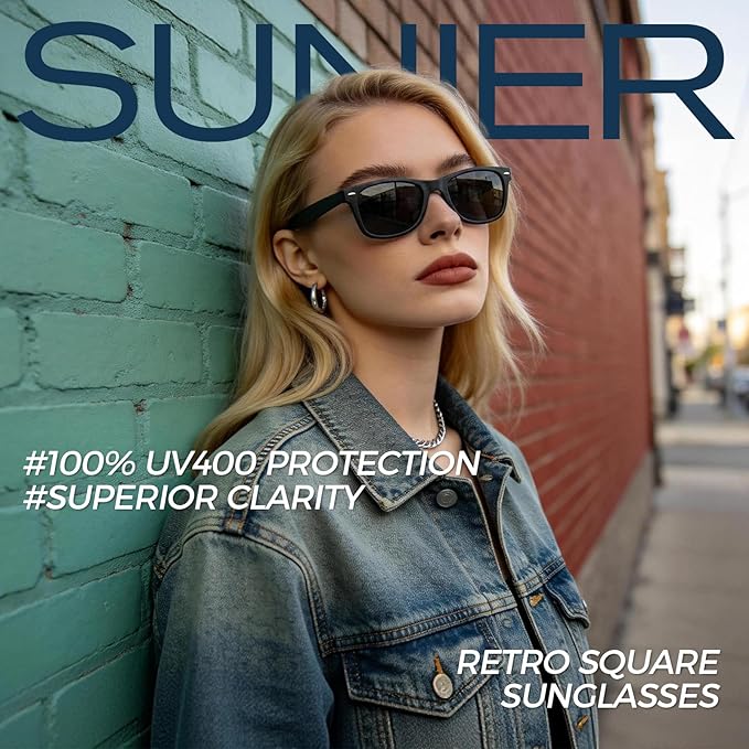 Sunier Polarized Sunglasses for Men and Women, Retro Square Matte Finish UV400 Protection Shades for Driving, Fishing