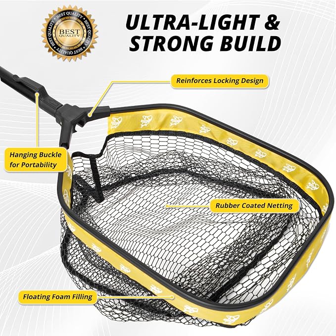 Floating Fishing Net, Collapsible Landing Net, Fish Net with Rubber Coated Polyethylene Netting for Bass, Trout, Fly Fishing, Kayak & Boat Fishing