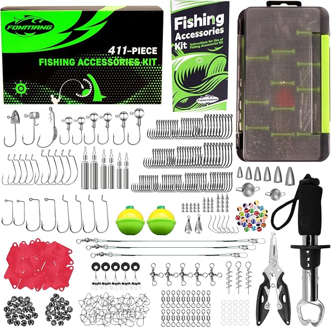 FONMANG 322-Piece Fishing Lures Kit - Buzz Bait/Spinner Baits/Jig/Frog, Fishing Tackle Box with Tackle Included, Soft Bait/Hooks/Weights, Fishing Gear Lure Kit Gift for Men Freshwater Bass Trout