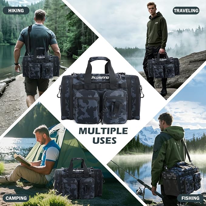 PLUSINNO Tackle Bag - Expandable Fishing Bag with fishing net for Saltwater & Freshwater - Water Resistant Fishing Gear Shoulder Bag For Men