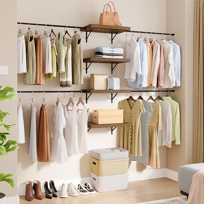 DWVO Closet Organizer System, Wall-Mounted Garment Rack Walk In Closet System, 4 Expandable Hanger Rods 4-Tier Wood Closet Storage Shelves with Backplane, Fits 6-9 ft Space, Black