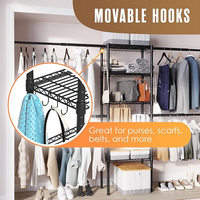 Houseables Closet System, Built in Closet System, Organizer Kit, Walk In Shelf Kit Storage, Wall Mounted Inserts, Modular, Walking, Build Your Own, DIY, Insert Shelving, 4 Custom Rods, 5 Shelves