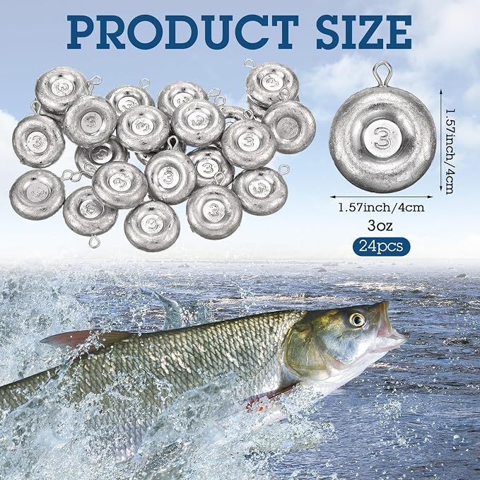 24 Pieces Fishing Disc Sinkers Weights Disc Sinker Fishing Sinkers Weights for Saltwater Catfishing Trolling Surf Tackle
