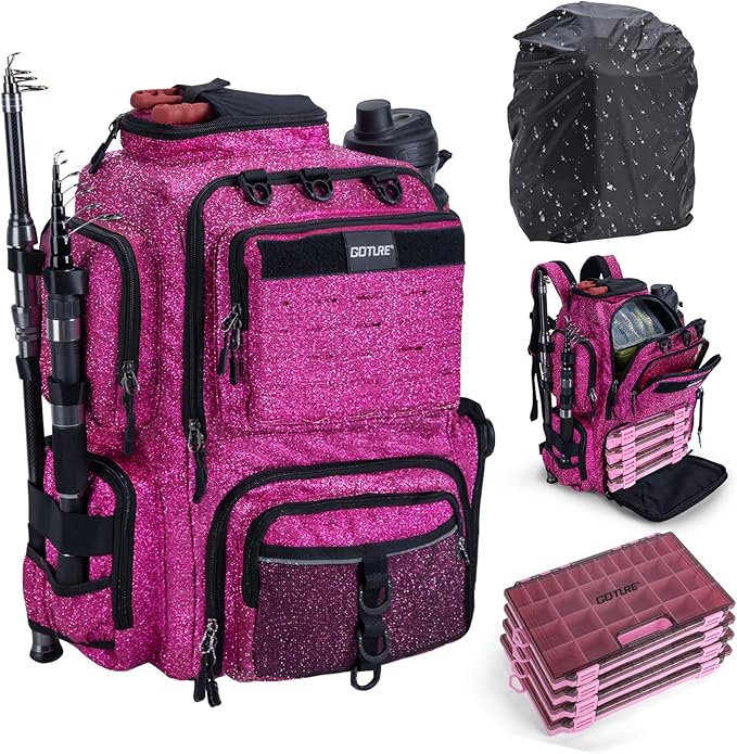Goture Fishing Backpack with 4 Tackle Boxes,900D Water-Resistant Tackle Backpack with Rod Holders,45L Large Fishing Bag Storage Gear Tackle Bag with Rain Cover,Bottle Holder for Travel Camping Hiking