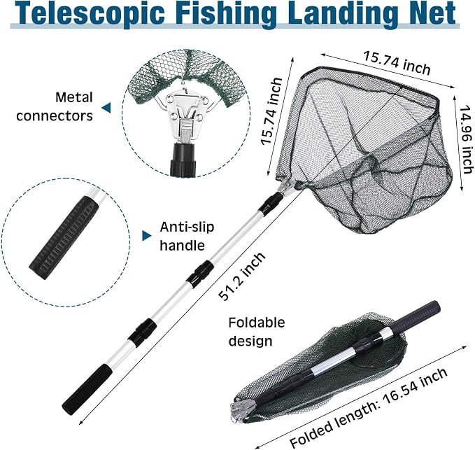 6 Pcs Fishing Net Trap Portable Folded, Crab Trap Minnow Trap, Fishing Landing Net with Telescoping Pole Handle, Casting Net Bait Trap with Heavy Duty Sinker and Storage Bucket