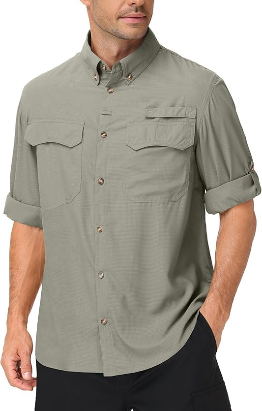 Roadbox Men's Sun Protection Fishing Shirt, Long Sleeve Cool Dry Lightweight UPF 50+ Shirts for Hiking Safari Camping Travel