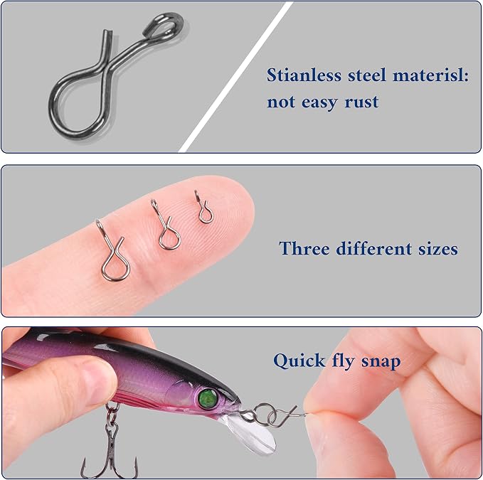 SILANON Fly Fishing Snaps,150pcs Fly Fishing Quick Clips Quick Change Lure Clips Micro Fly Snap Swivels No Knot Fast Snap Stainless Steel Lure Connector for Flies Hooks Jigs Lures 3 Sizes