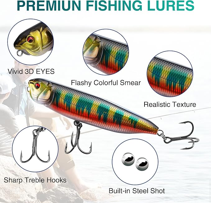 FLISSA 5PCS Top Water Fishing Lures Kits, Bass Fishing Lures for Freshwater & Saltwater, Realistic Hard Bait, Popper Fishing Lure with Treble Hooks for Trout, Bass, Salmon, Walleye Fishing