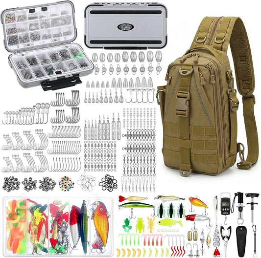 WinnerWhy 484 Pcs Fishing Tools Accessories Kit Include Fish Backpack Fish Hook Lures Hook Remover Lip Gripper for Men Women Fishing Gifts (Brown)