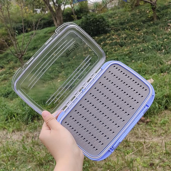 Aventik Waterproof Clear Fly Box Double Sides Floating Lightweight Fly Fishing Case Large Capacity Grip Foam Nymph Wet Dry Flies Lure Box(H18 Blue, SIZE C:7.32X4.56X1.57inch)