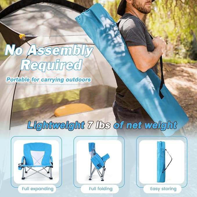HaSteeL Low Beach Chairs for Adults, Lightweight Camping Folding Chair with Carrying Bag, Portable for Outdoors Lawn Backyard Patio RV Trip Fishing Sport Tailgating, Support 300LBS, Blue, 2 Pack
