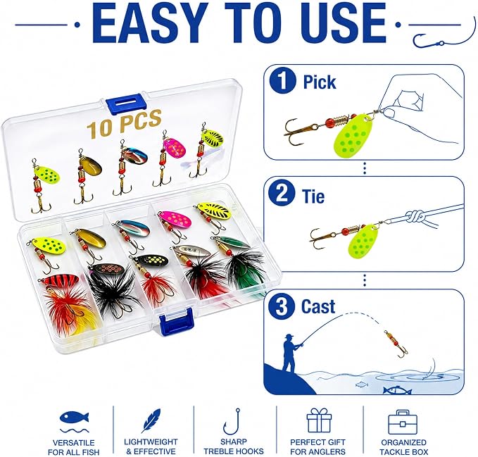 Fishing Spinner Lures Kit 10/15/16/20PCS, Inline Spinner Baits with Treble Hooks and Feather Tails, Metal Fishing Lures for Trout Bass Salmon Panfish, Multi-Color Freshwater Fishing Tackle Set