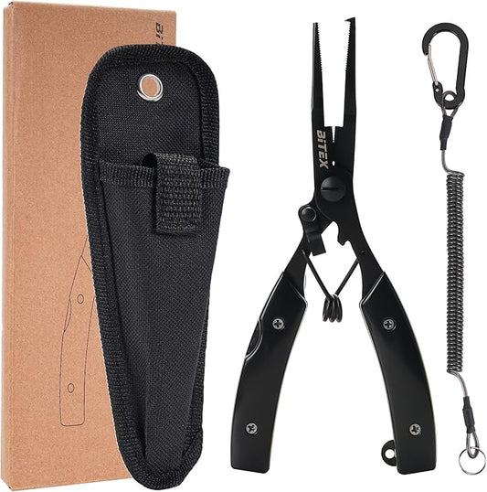 BiteX Saltwater Fishing Pliers with Split Ring Tip and Braid Cutter | Titanium-Coated Stainless Steel, Braid Line Cutter, Hook Remover & Knot Tying Tool, One-Hand Operation, Lanyard & Sheath