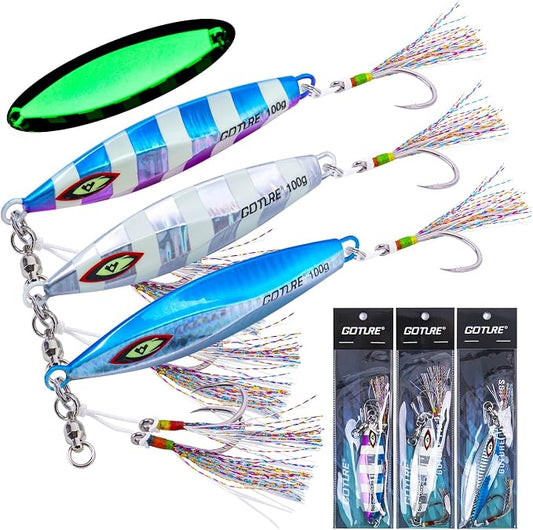 Goture Slow Pitch Jigs, Glow Flat Fall Jig Fishing Lure with Double Assist Hooks and Swivel, Fishing Jigs Saltwater 40g-250g Deep Sea Fishing Jigging Lures for Tuna,Dogtooth Tuna, Yellowtail,Kingfish