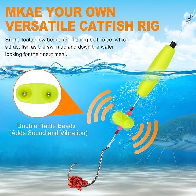 SILANON Catfish Rig Tackle Making Kit, Catfishing Tackle Accessories with Catfish Floats Catfish Hooks Swivels Fishing Rattles Bells Beads Bobber Stoppers Catfishing Gear Equipment
