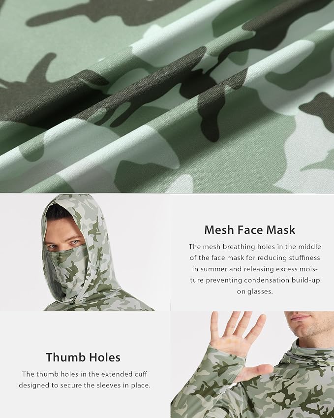 FISHEAL Men's Performance Fishing Hoodie Shirt - UPF 50+ Sun Protection Long Sleeve Thumbholes Shirts with Neck Gaiter