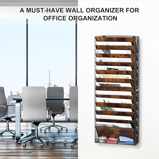 TQVAI 12-Tier Hanging Wall File Organizer - Folding Wall Mounted Mail Document Holder, Metal Clipboard Storage Rack for Office, Homeschool, Classroom Organization, Black/Vintage