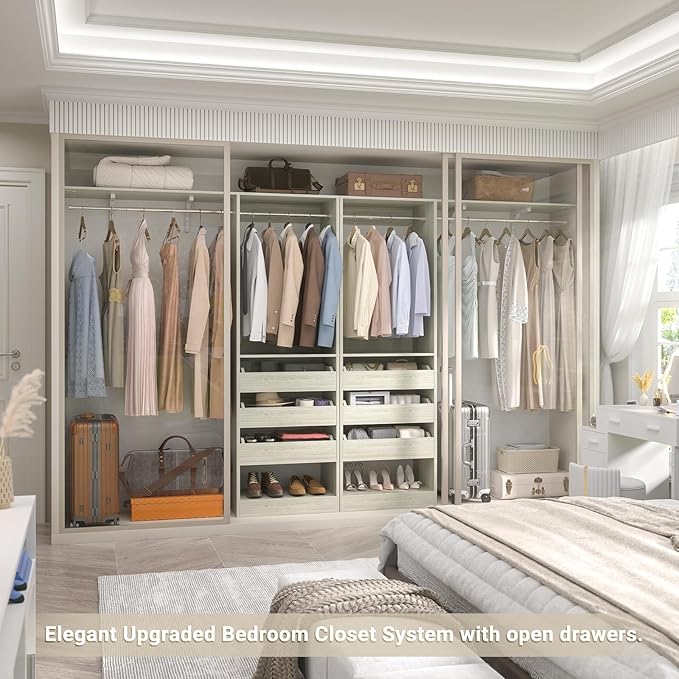 60" Wide x 80" Tall Closet System with 3 Half-Open Wooden Drawers, 5FT Closet Organizer System with 2 Hanging Rods & Removable Tower, Freestanding Wardrobe Organizer for Walk-in Bedroom, White Oak