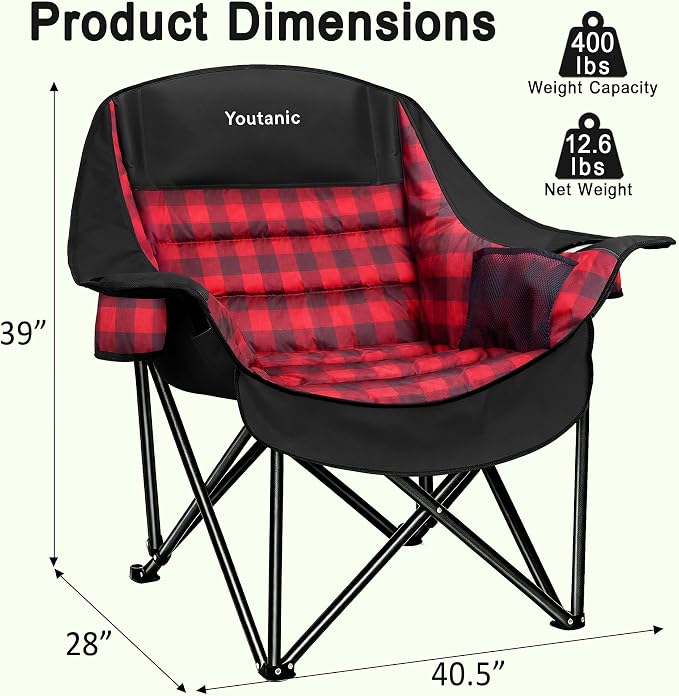Youtanic Oversized Extra Large Padded Camping Chair, Heavy Duty 400 lbs Foldable Lawn Chair, Ergonomic Outdoor Seat with Plaid Design, Cup Holders & Storage Pockets for Fishing, Sports, Red-Black