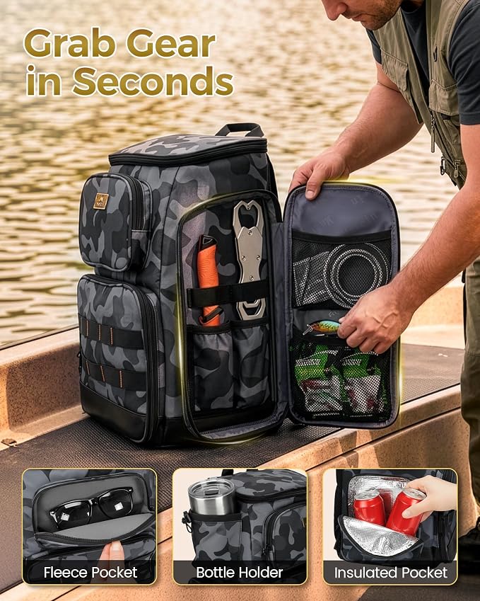 MATEIN Pro Fishing Backpack with 4 Tackle Boxes, 3600 Tackle Box Backpack with Rod Holder, Large Side Gear Storage & Cooler