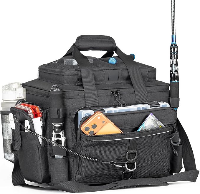Rabjen Fishing Tackle Bag with Rod Holders & Cooler Main Compartment – Large Capacity Fishing Bag for Organized Gear Storage