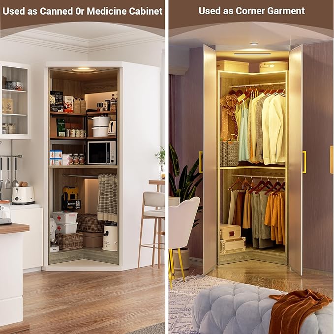 Armocity Corner Closet System, 32 Inches Wide Wood Corner Unit with 2 Hanging Rods and All Hardware Kits, 3-Tier 80'' Height Corner Wood Closet Tower, White Oak