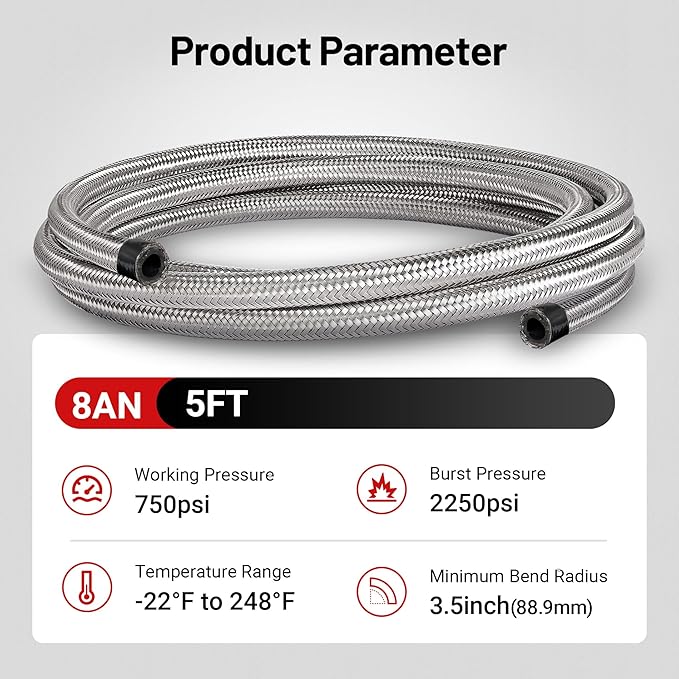 EVIL ENERGY 8AN Fuel Line Nylon CPE, 5FT AN8 Braided Fuel Hose Silver