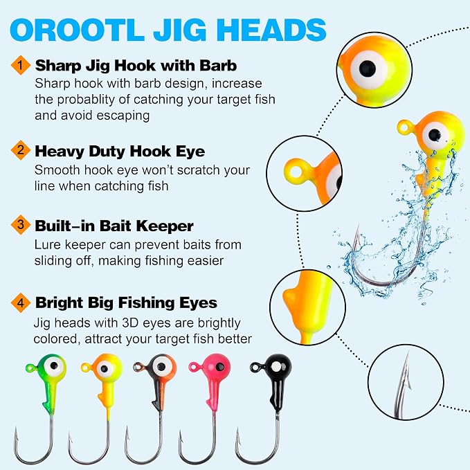 OROOTL Fishing Jig Heads Hooks Set, 60pcs Assorted Round Jig Head with 3D Eyes Painted Jig Heads for Crappie Bass Walleye 3/8oz 1/4oz 1/8oz 1/16oz 1/32oz Saltwater Freshwater Fishing Tackle Kit