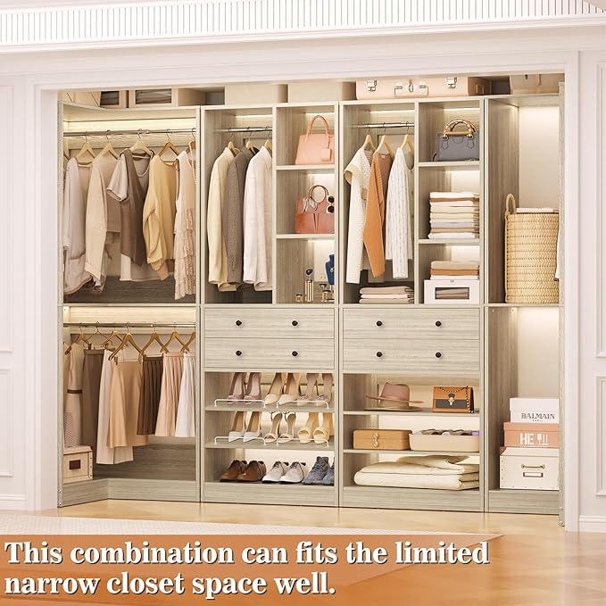 Closet System with 2 Drawers, 3 Hanging Rods, 59.5" * 31.5" Closet Organizer System with Corner Tower, Reversible L Shaped Walk-in Closet System, Corner Closet System Set of 2, Greige Oak