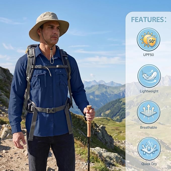 Men's Long Sleeve Fishing Shirts UPF 50+ Sun Protection Quick Dry Shirts Button Down Shirt for Hiking Camping