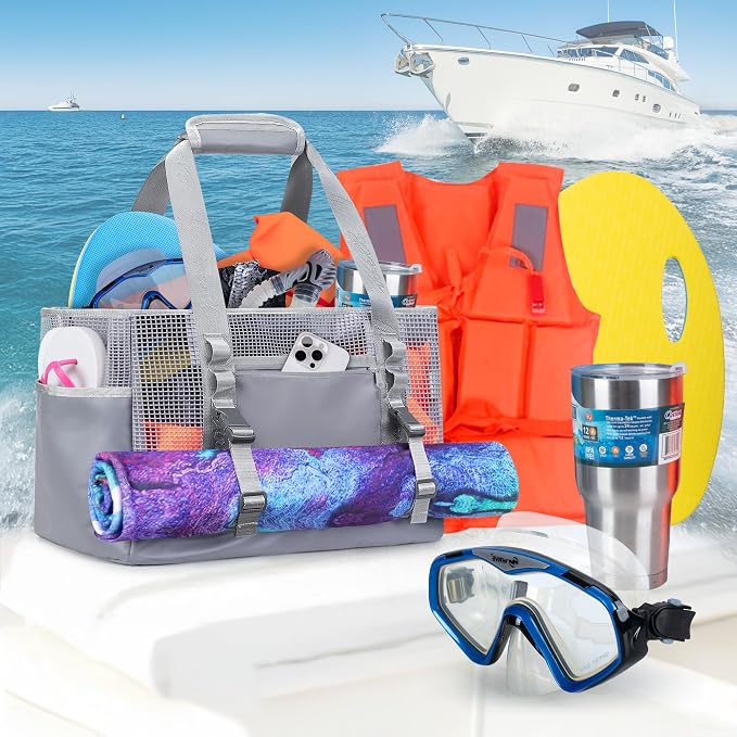 Yarwo Boat Gear Tote Bag, 35.5L Waterproof Boat Accessories Organizer with Marine-grade Coated Mesh and Wet Dry Pockets