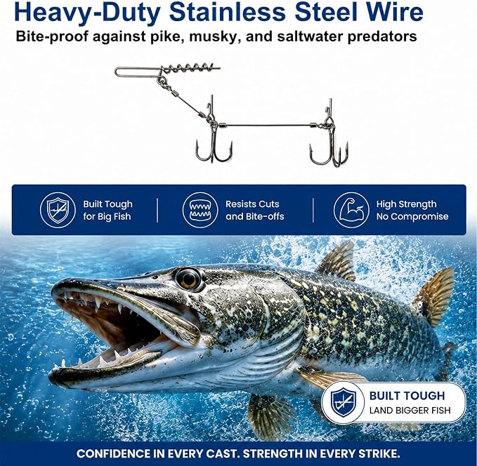 Eupheng 3pcs 3 Size Premium Pike Stinger Rig with Double Treble Hooks, Screw Rigging Kit with Sinker Weight for Soft Bait, Heavy-Duty Wire Leader