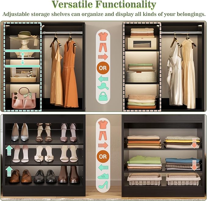 Closet System with 2 Drawers, 3 Hanging Rods, 59.5" * 31.5" Closet Organizer System with Corner Tower, Reversible L Shaped Walk-in Closet System, Corner Closet System Set of 2, Black