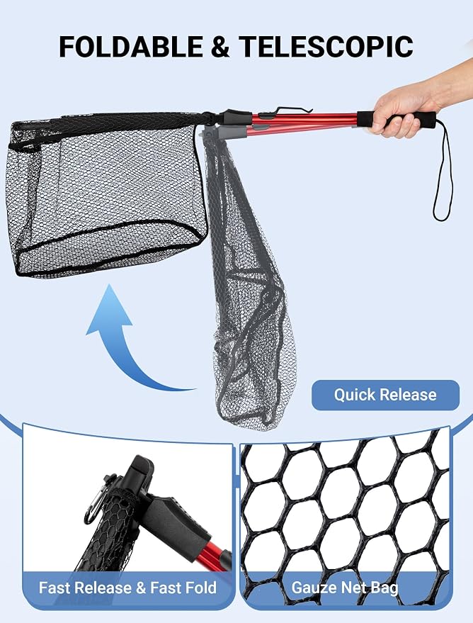 Upgraded Foldable Floating Fishing Net, Tangle-Free Anti-Snag Coated Landing Net, Quick Release & Easy Fold, Portable Fishing Gear for Ranger Boat, Kayak & Trout Salmon Bass Fishing, Gifts for Men