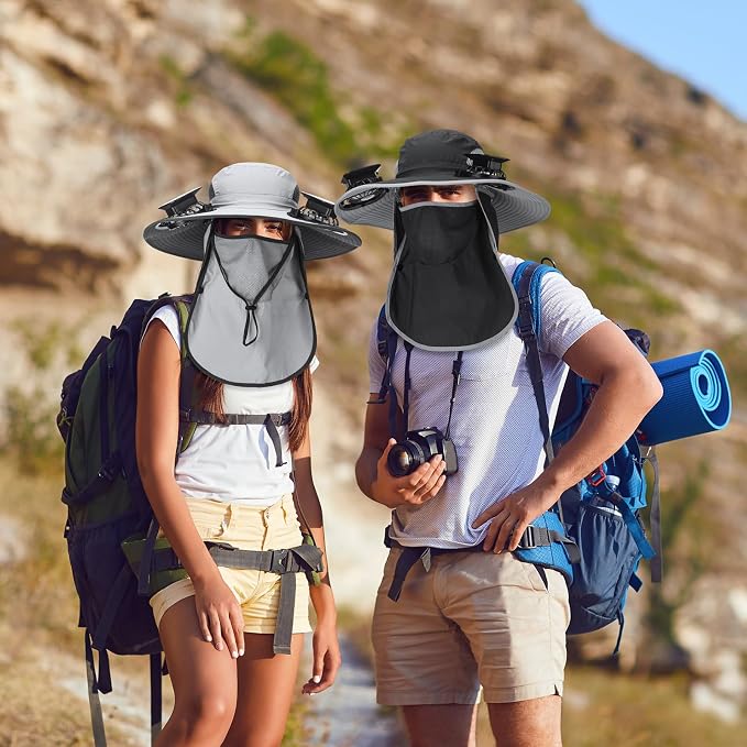 Glitopper 2 Pcs Solar Fan Hat with 2 Fan Wide Brim Removable Face Cover Cooling Fishing Buckets Hats
