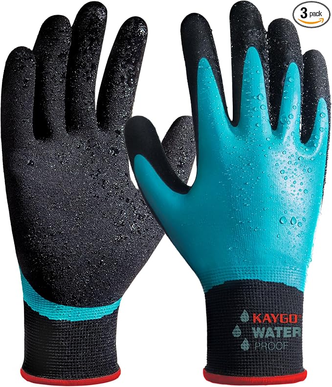KAYGO Waterproof Work Gloves for Men and Women,3 pairs Rubber Coated Non-slip Working Gloves for Garden, Outdoor Construction (Blue, S)