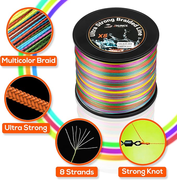RUNCL 8 Strands Braided Fishing Line - High Visibility Colored Braid Line, Super Strong, Abrasion Resistant, No Stretch, 328yds/546yds/1093yds, 12lb to 100lb for Saltwater or Freshwater Fishing
