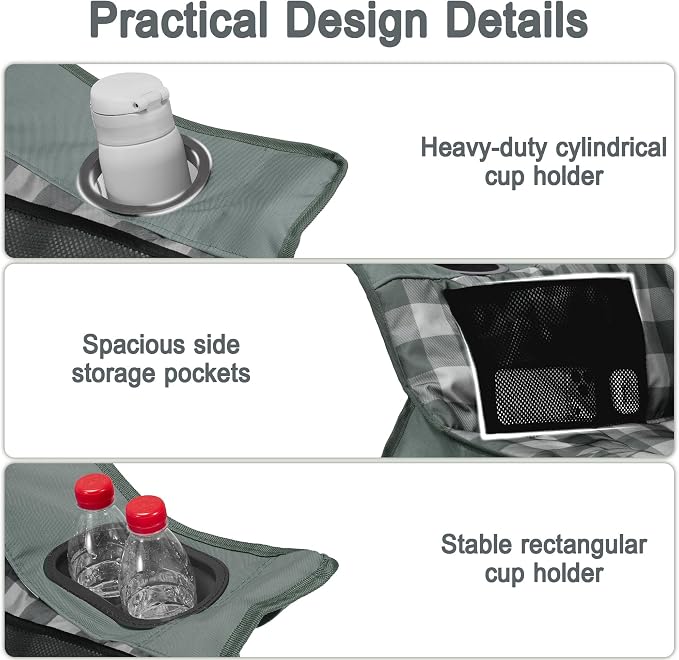 Youtanic Oversized Extra Large Padded Camping Chair, Heavy Duty 400 lbs Foldable Lawn Chair, Ergonomic Outdoor Seat with Plaid Design, Cup Holders & Storage Pockets for Fishing, Sports, Gray