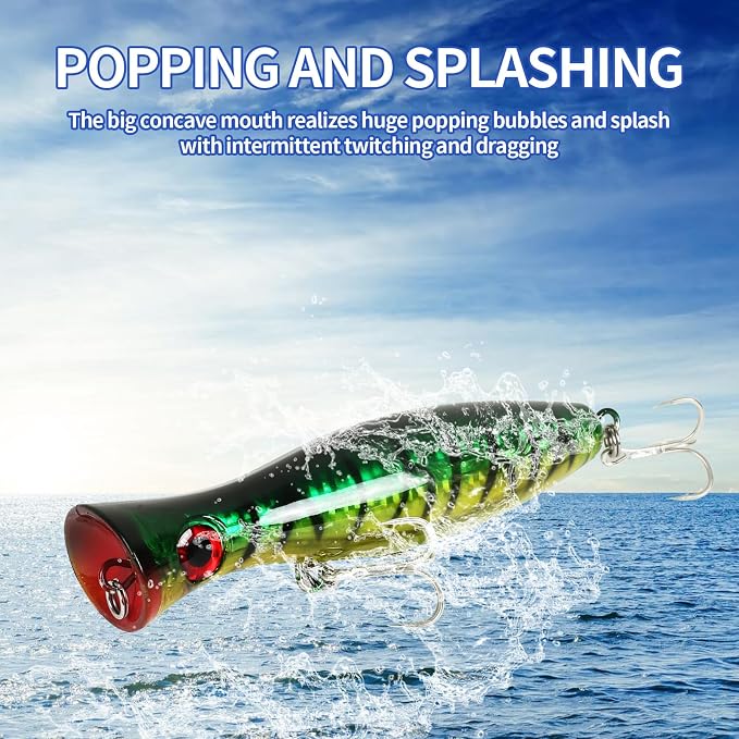 Large Top Water Popper Lure: 2pcs 3D Eyes Tuna Popper Saltwater Fishing Lures for Surf Fishing Gt Tuna Kingfish Large Predator Fish