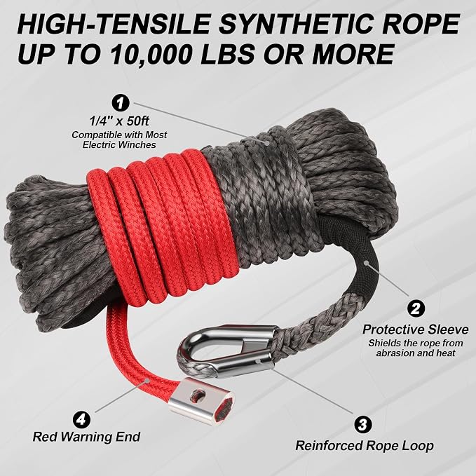 Synthetic Winch Rope Kit - 1/4'' x 50' with 10,000 lbs Breaking Strength, Included Lightweight Winch Rope Winch Stopper and Winch Hook, Easy Installation, Replacement for ATV UTV Boat Truck Winches