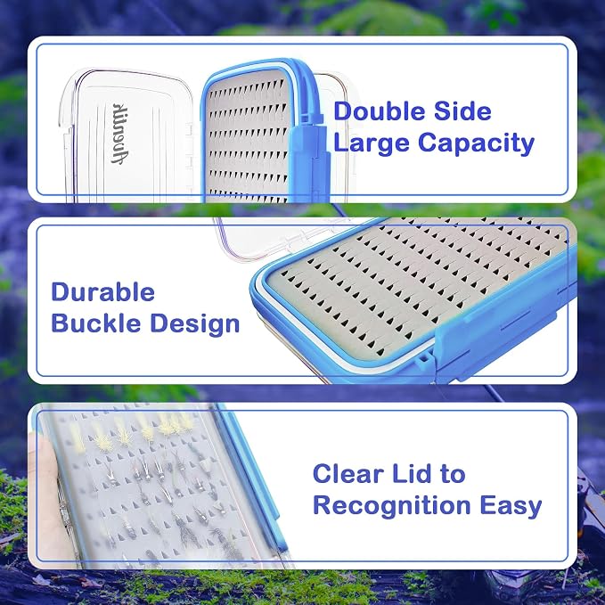 Aventik Waterproof Clear Fly Box Double Sides Floating Lightweight Fly Fishing Case Large Capacity Grip Foam Nymph Wet Dry Flies Lure Box(H18 Blue, SIZE C:7.32X4.56X1.57inch)