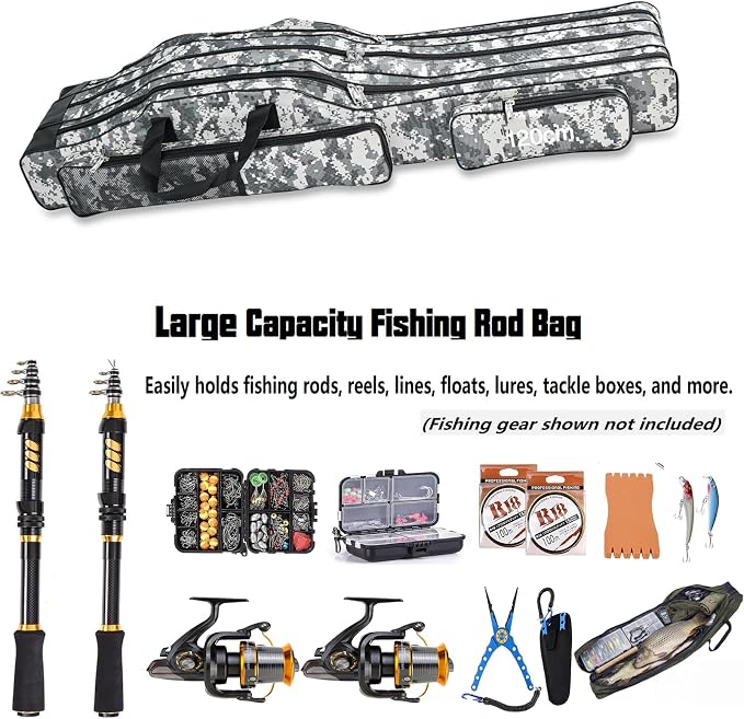 3 Layers Fishing Pole Bag,Portable 3 Layers Oxford Folding Rod Carry Case,Fishing Reel Tackle Storage Bag Case