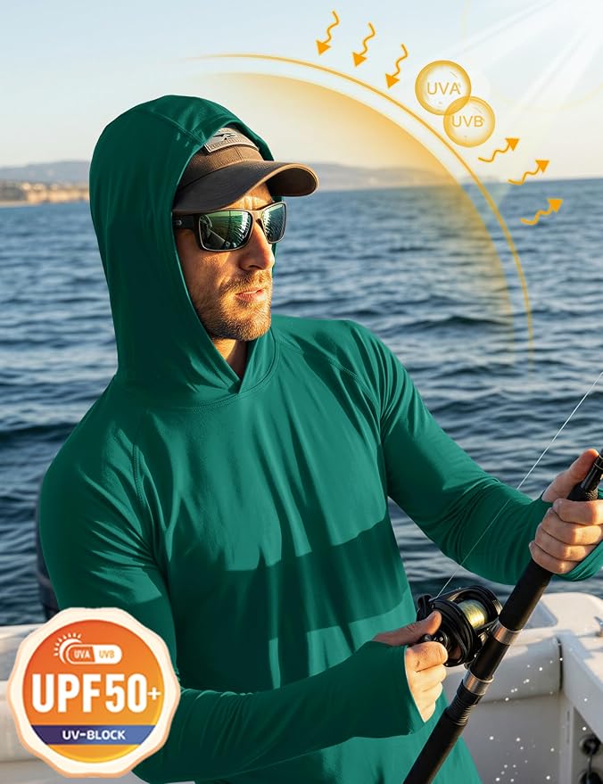 MAGCOMSEN Men's Hooded UPF 50+ Sun Protection T Shirts Long Sleeve Athletic Fishing Shirts Rash Guards