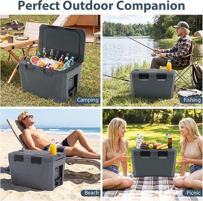COSTWAY Insulated Portable Cooler, Hard Shell Ice Chest w/ 2 Cup Holders, Bottle Opener, Drain Plug, 3-Day Ice Retention, Outdoor Leak-Proof Dry Box for Beach, Camping, Fishing, Picnic