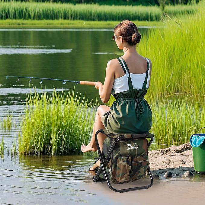 LEADALLWAY Backpack Fishing Chair with Cooler Bag Foldable Stool,Fishing Hunting Gifts for Men,Outdoor,Camping,Paints,BBQ,Beach,Picnic,Hiking,Concert(Camouflage Backpack Chair)