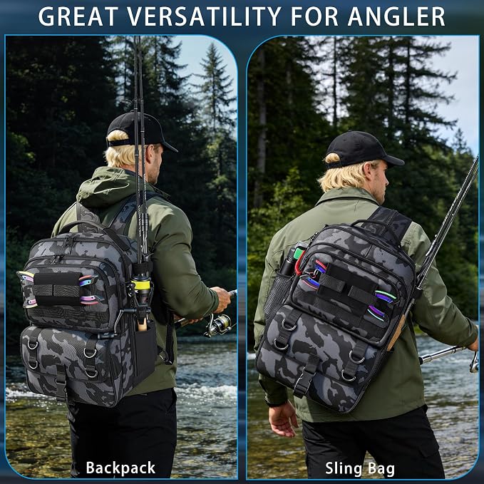 Fishing Backpack with Tackle Boxes,Fishing Sling Tackle Bag with Rod Holder Waterproof Fishing Bag with Fishing Gear, Fishing Gifts for Men Women Gear Combo Kit,Camouflage Black