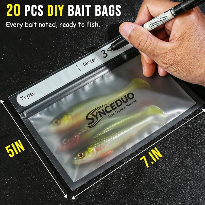 Synceuo 20pcs Soft Plastic Bait Bags, 7"x5" Reusable Bait Packaging Storage with Label Strips for Fishing Lure Making Supplies, Clear Soft Bait Binder Small Tackle Organizer
